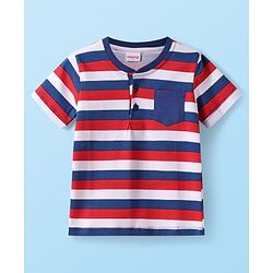 Babyhug Cotton Knit Half Sleeves Henley Neck T- Shirt With Stripes & Pocket  - Red & Navy Blue