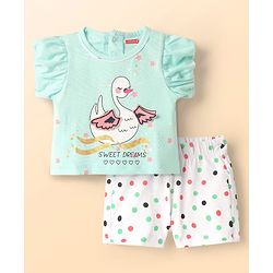 Babyhug Single Jersey Knit Half Sleeves Night Suit With Duck & Polka Dot Print - Mint & White