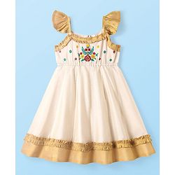 Babyhug South Cotton Woven Frill Sleeves Ethnic Dress with Floral Embroidery - Off White