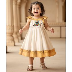 Babyhug South Cotton Woven Frill Sleeves Ethnic Dress with Floral Embroidery - Off White