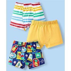 Babyhug 100% Cotton Knit Antibacterial Trunks With Stripes & Beach Theme Print Pack Of 3 - Navy Blue & Yellow