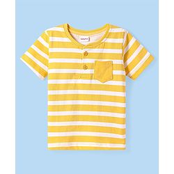 Babyhug Cotton Knit Half Sleeves Henley Neck T-Shirt with Stripes - Yellow
