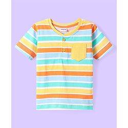 Babyhug Cotton Knit Half Sleeves Henley Neck T-Shirt With Stripes & Pocket - Yellow & Orange