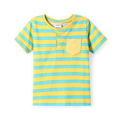 Babyhug Cotton Knit Half Sleeves Henley Neck T-Shirt with Stripes - Yellow