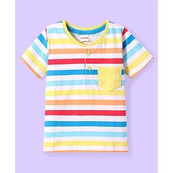 Babyhug Cotton Knit Half Sleeves Henley Neck T-Shirt With Stripes & Pocket - Yellow & Red