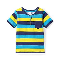 Babyhug Cotton Knit Half Sleeves Henley Neck T-Shirt With Stripes & Pocket - Yellow & Blue