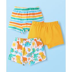 Babyhug 100% Cotton Knit Trunks With Stripes & Dino Print Pack of 3 - White & Yellow