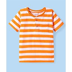 Babyhug Cotton Knit Half Sleeves Henley Neck T-Shirt With Stripes & Pocket - White & Orange