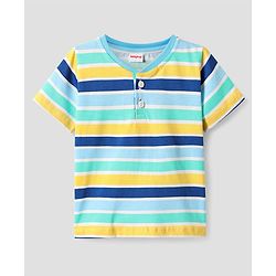 Babyhug Cotton Knit Half Sleeves Henley Neck T-Shirt with Stripes - Light Blue