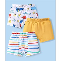 Babyhug 100% Cotton Knit Antibacterial Trunks With Stripes & Sea Life Print Pack Of 3 - White & Yellow