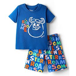Babyhug Disney Single Jersey Knit Half Sleeves Shorts Night Suit With Monster Graphic - Blue