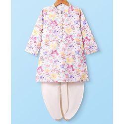 Babyhug Cotton Woven Full Sleeves Kurta Dhoti Set With Floral Print - White