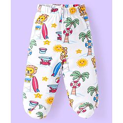 Babyhug 100% Cotton Interlock Knit Bootie Leggings With Animal & Beach Theme Print Pack of 3 - Blue Yellow & White
