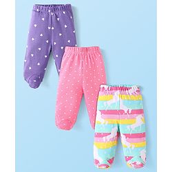 Babyhug Interlock Knit Footed Leggings with Polka Dots Unicorn & Hearts Print Pack of 3 - Pink & Purple