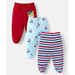 Babyhug Cotton Interlock Knit Full Length Bootie Leggings  with Cub & Boat Print Pack of 3 -Dark Red & Sky Blue