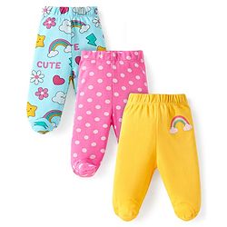 Babyhug Interlock Knit Bootie Leggings With Polka Dot & Unicorn Print Pack of 3 - Yellow Dark Pink & Light Blue
