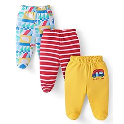 Babyhug 100% Cotton Interlock Knit Bootie Leggings with Stripes & Bus Print Pack of 3 - Yellow Light Blue & Pink
