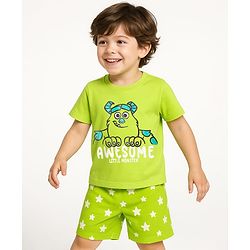 Babyhug Disney Single Jersey Knit Half Sleeves Shorts Night Suit With Monster Graphic - Limegreen