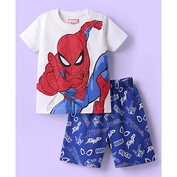 Babyhug Marvel Single Jersey Knit Half Sleeves Shorts Night Suit With Spider-Man Graphic - White & Blue