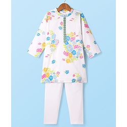 Babyhug Cambric Cotton Woven Full Sleeves Kurta Pyjama Set with Floral Print - White