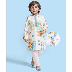 Babyhug Cambric Cotton Woven Full Sleeves Kurta Pyjama Set with Floral Print - White