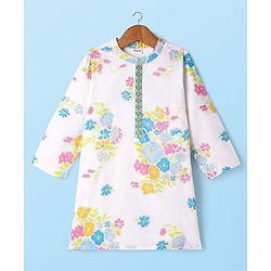 Babyhug Cambric Cotton Woven Full Sleeves Kurta Pyjama Set with Floral Print - White