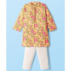 Babyhug Cotton Woven Full Sleeves Kurta Pyjama Set with Cambric Floral Print - Yellow