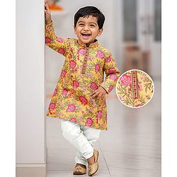 Babyhug Cotton Woven Full Sleeves Kurta Pyjama Set with Cambric Floral Print - Yellow
