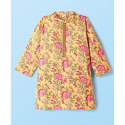 Babyhug Cotton Woven Full Sleeves Kurta Pyjama Set with Cambric Floral Print - Yellow
