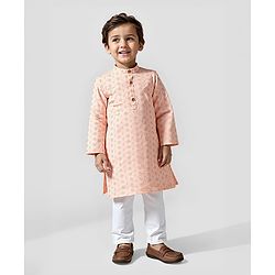 Babyhug Cotton Woven Full Sleeves Kurta Pyjama Set With Schiffli Embroidery - Light Orange