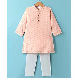 Babyhug Cotton Woven Full Sleeves Kurta Pyjama Set With Schiffli Embroidery - Light Orange