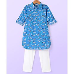 Babyhug Cambric Woven Full Sleeves Collar Neck Kurta Pyjama Set With Zebra Print - Blue