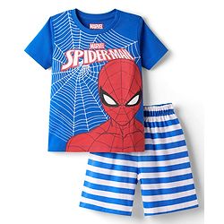 Babyhug Marvel Single Jersey Knit Half Sleeves Shorts Night Suit With Spider-Man Graphic - White & Blue