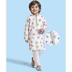 Babyhug Cotton Flex Woven Full Sleeves Kurta Pyjama Set with Digital Floral Print - White