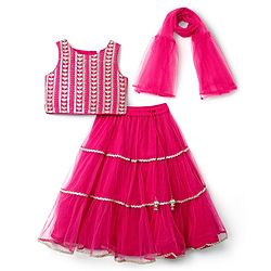 Babyhug Woven Sleeveless Choli Lehenga Set & Dupatta With Floral Embroidery & Lace Detailing - Fuschia