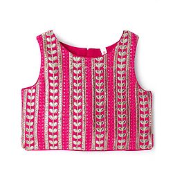 Babyhug Woven Sleeveless Choli Lehenga Set & Dupatta With Floral Embroidery & Lace Detailing - Fuschia