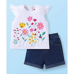 Babyhug Single Jersey Knit Frill Sleeves Floral Printed Top & Shorts Set - White & Navy Blue