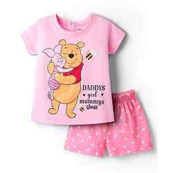 Babyhug Disney Single Jersey Knit  Half Sleeves Shorts Night Suit With Winnie The Pooh Graphic - Pink