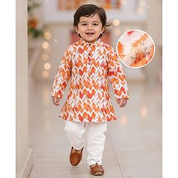 Babyhug Woven Full Sleeves Printed Kurta & Pajama Set With  Sequin Embroidery - Orange & White