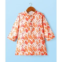Babyhug Woven Full Sleeves Printed Kurta & Pajama Set With  Sequin Embroidery - Orange & White