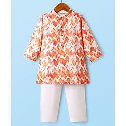 Babyhug Woven Full Sleeves Printed Kurta & Pajama Set With  Sequin Embroidery - Orange & White