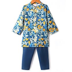 Babyhug Cambric Woven Full Sleeves Kurta Pyjama Set with Floral Print - Blue