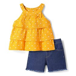 Babyhug Single Jersey Knit Sleeveless Halter Neck Top & Shorts Set with Polka Dots Print & Bow Applique - Yellow & Blue