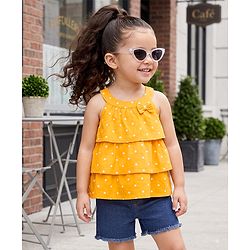 Babyhug Single Jersey Knit Sleeveless Halter Neck Top & Shorts Set with Polka Dots Print & Bow Applique - Yellow & Blue