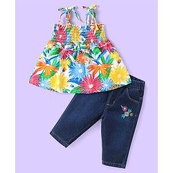Babyhug Single Jersey Knit Singlet Sleeves Top & Denim Jeans with Floral Print & Embroidery - Blue