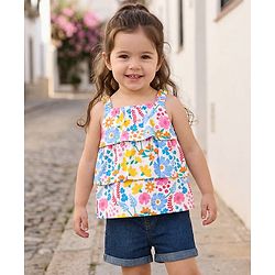 Babyhug Single Jersey Knit Sleeveless Top & Shorts Set with Floral Print - White & Blue