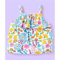 Babyhug Single Jersey Knit Sleeveless Top & Shorts Set with Floral Print - White & Blue