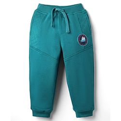 Babyhug Cotton Looper Knit Full Length Cut & Sew Lounge Pant with Patch Detailing - Teal Blue