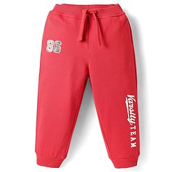 Babyhug Cotton Looper Knit Full Length Lounge Pant with Text Print - Red