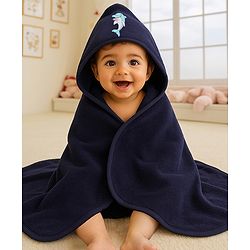 Babyhug Terry Cotton Knit Hooded Towel with Dolphin Patch L 76 x B 76 cm - Navy Blue